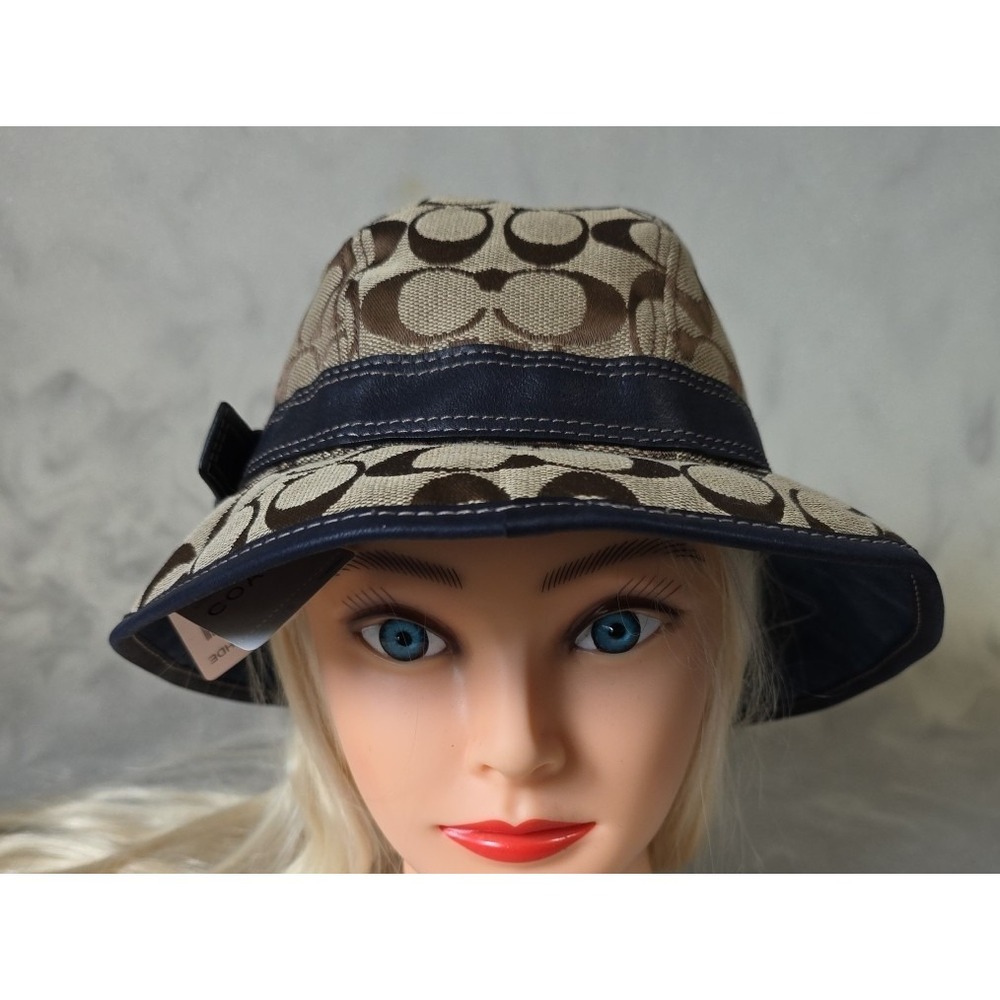 Coach Signature Jacquard Canvas Bucket Hat Brown Leather Band Size S/P - Picture 3 of 13